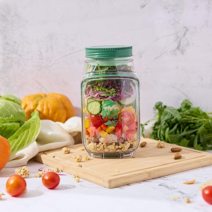 Durable, shatterproof, leak-proof Mason jar-style salad container, perfect for home, office, outdoor use, and travel
