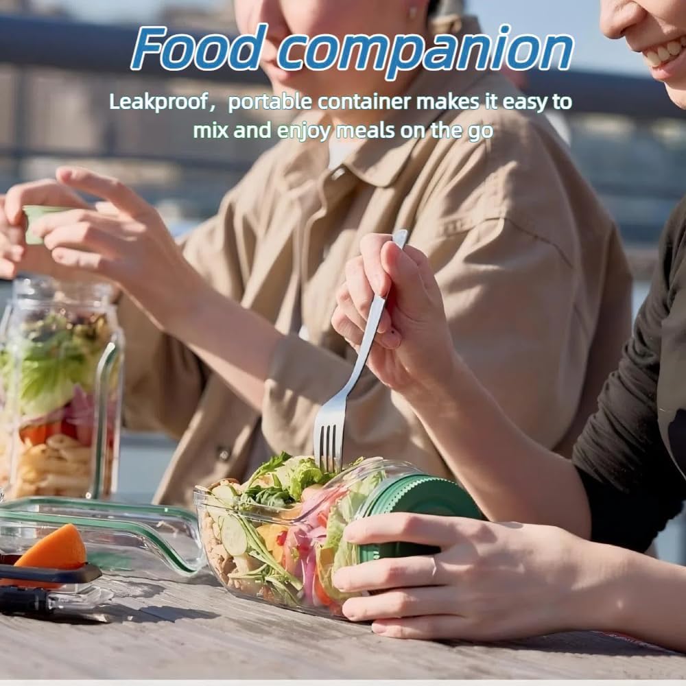 Durable, shatterproof, leak-proof Mason jar-style salad container, perfect for home, office, outdoor use, and travel