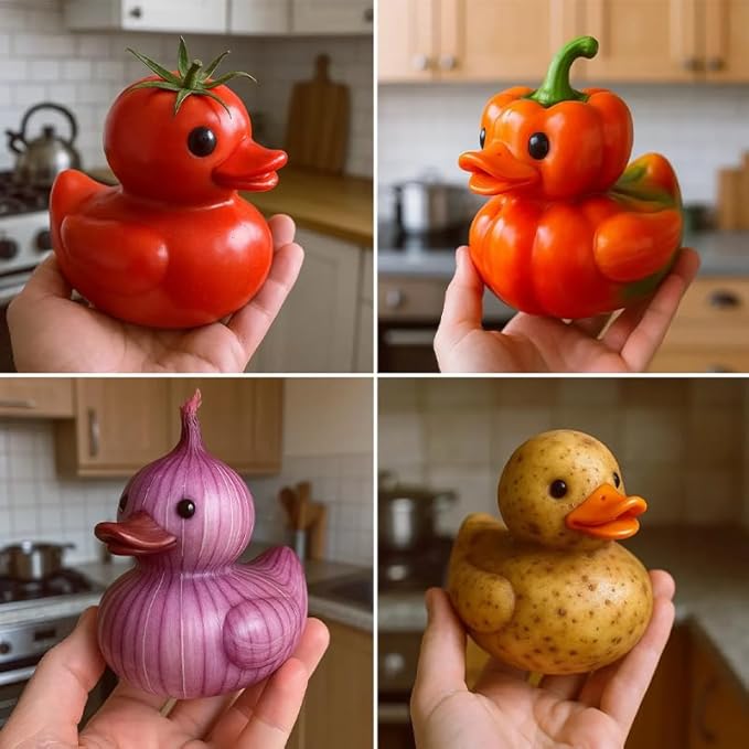 Whimsical vegetable-themed duck statue, perfect for home or kitchen decor, office desk or car dashboard ornament