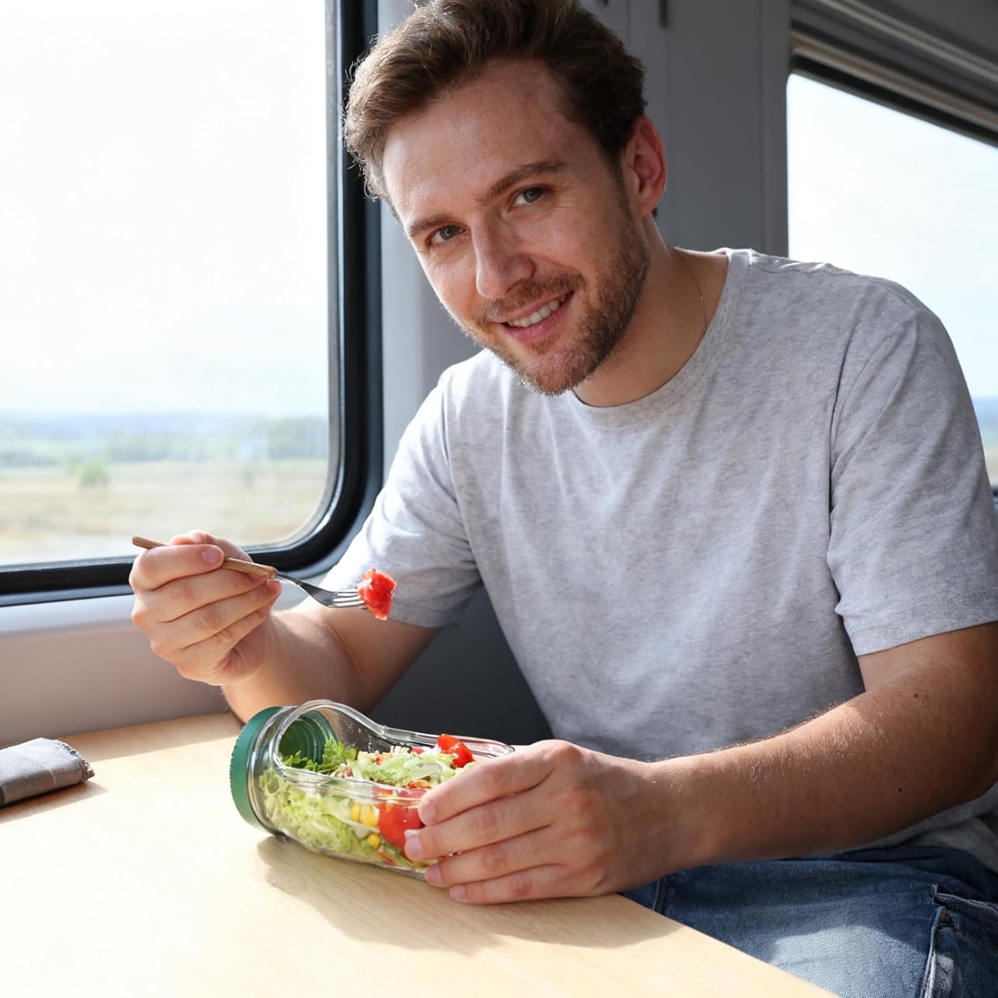 Durable, shatterproof, leak-proof Mason jar-style salad container, perfect for home, office, outdoor use, and travel