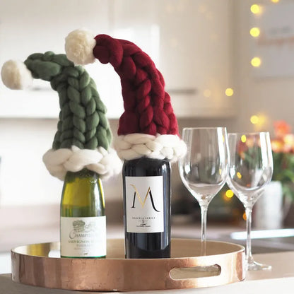 Coarse-knit Handmade Christmas Elf Hat and Christmas Wine Bottle Cover