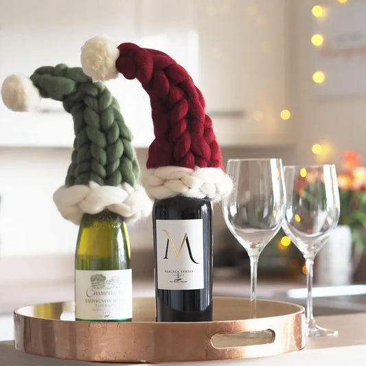 Coarse-knit Handmade Christmas Elf Hat and Christmas Wine Bottle Cover