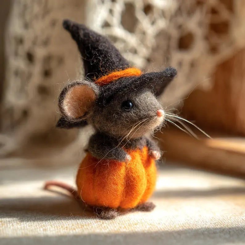 Adorable Halloween Pumpkin Mouse with Witch Hat
