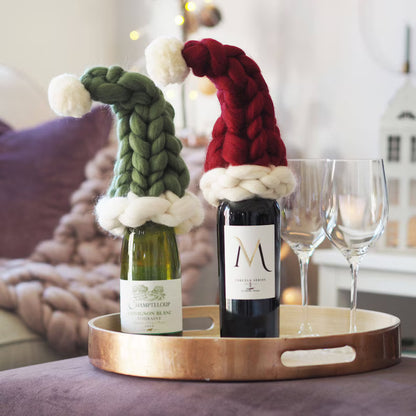 Coarse-knit Handmade Christmas Elf Hat and Christmas Wine Bottle Cover